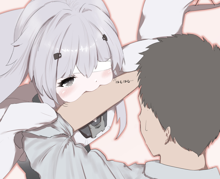 1boy, 1girl, bandage_over_one_eye, biting_arm, black_hair, commentary_request, grey_eyes, grey_hair