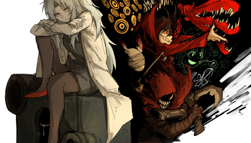 1boy, 1other, 2girls, :d, angela_(project_moon), arm_on_knee, bags_under_eyes, bandaged_arm