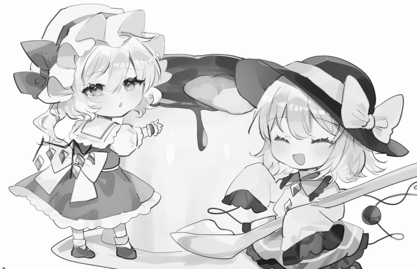 2girls, :d, blouse, bow, chibi, flandre_scarlet, floppy_sleeves, frills