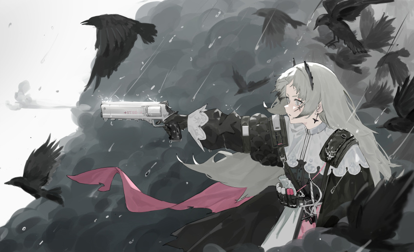 1girl, ammunition_belt, arknights, bird, black_dress, black_gloves, capelet, crow