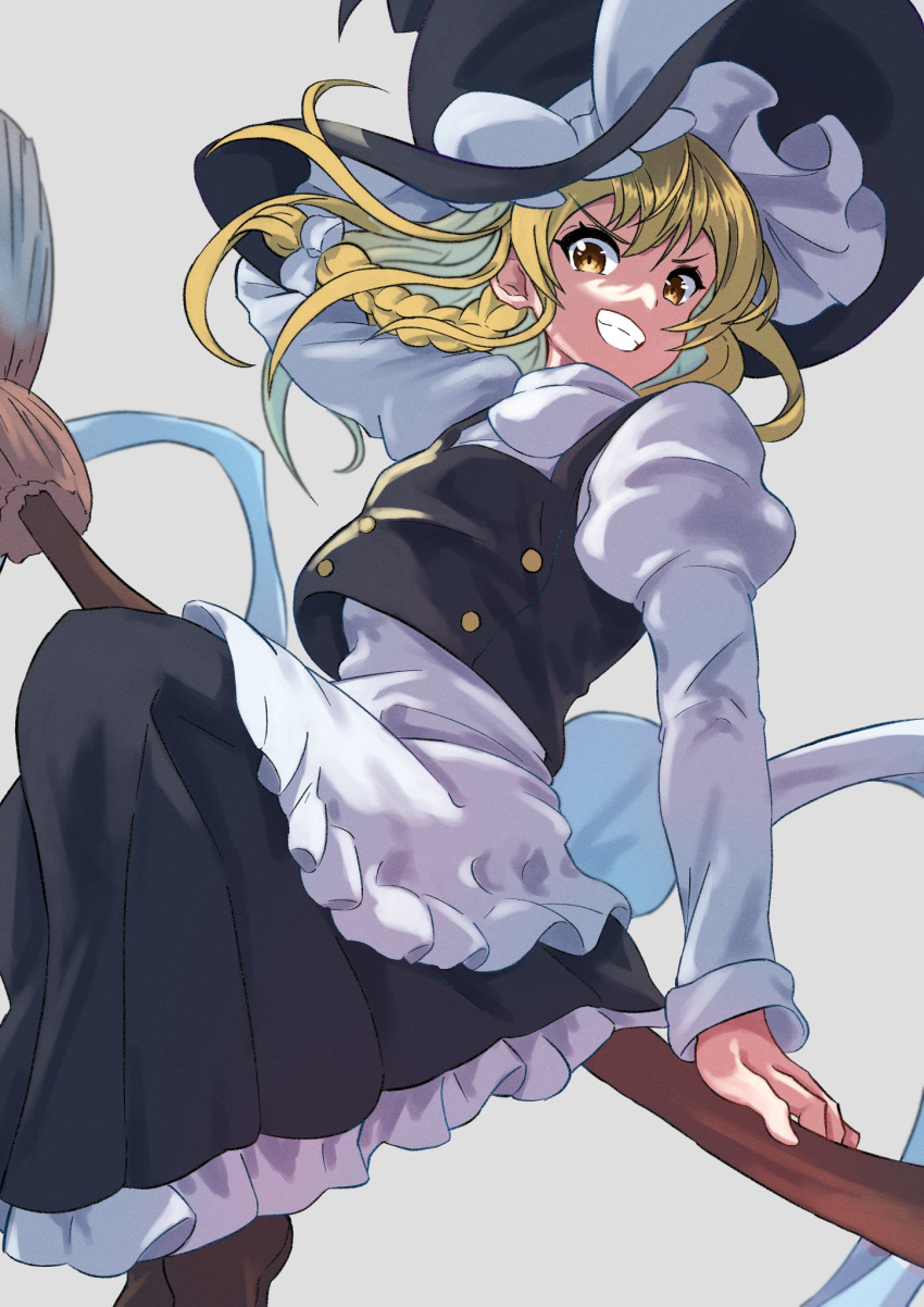 1girl, apron, black_headwear, black_skirt, black_vest, blonde_hair, bow, braid, broom, broom_riding, brown_footwear, commentary, grin, hat, hat_bow, henohenomoheji_(nabe091500), highres, kirisame_marisa, long_hair, long_sleeves, petticoat, shirt, shoes, single_braid, skirt, smile, solo, touhou, vest, waist_apron, white_apron, white_bow, white_shirt, witch_hat, yellow_eyes
