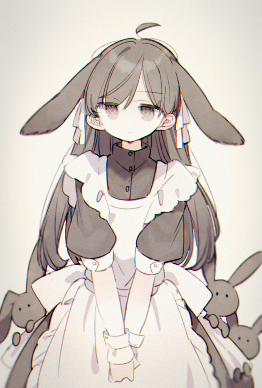 1girl, animal, animal_ears, apron, brown_eyes, brown_hair, dress, hair_ribbon, highres, long_hair, looking_at_viewer, mashiro_hiro, original, own_hands_together, rabbit, rabbit_ears, ribbon, short_sleeves, simple_background, solo, standing, white_ribbon, wrist_cuffs