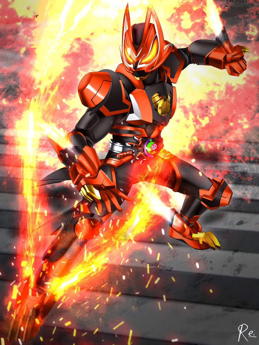 1boy, absurdres, armor, black_armor, black_bodysuit, bodysuit, boost_mark_ii_buckle, commentary_request, cowboy_shot, desire_driver, fighting_stance, fire, flame_print, fox, fox_boy, fox_mask, gloves, glowing, glowing_eyes, green_fire, highres, hitodama, incoming_attack, kamen_rider, kamen_rider_geats, kamen_rider_geats_(series), kamen_rider_geats_boost_mark_ii, kitsune, male_focus, mask, mixed-language_commentary, mouth_guard, multiple_tails, orange_eyes, power_armor, raise_buckle, raised_fist, red_footwear, red_gloves, reiei_8, shoulder_armor, solo, tail, thighs
