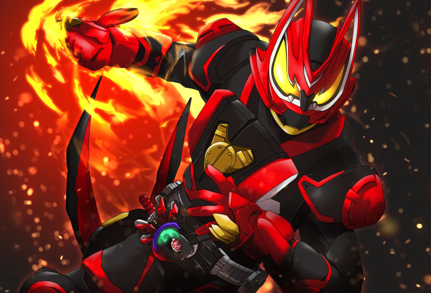 1boy, armor, black_armor, black_bodysuit, bodysuit, boost_mark_ii_buckle, commentary_request, cowboy_shot, desire_driver, fighting_stance, fire, flame_print, fox, fox_boy, fox_mask, gloves, glowing, glowing_eyes, green_fire, highres, hitodama, incoming_attack, kamen_rider, kamen_rider_geats, kamen_rider_geats_(series), kamen_rider_geats_boost_mark_ii, kitsune, male_focus, mask, miyabi_(037), mouth_guard, orange_eyes, power_armor, raise_buckle, raised_fist, red_gloves, shoulder_armor, solo