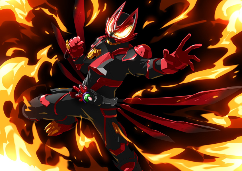1boy, armor, black_armor, black_bodysuit, bodysuit, boost_mark_ii_buckle, commentary_request, cowboy_shot, desire_driver, fighting_stance, fire, flame_print, fox, fox_boy, fox_mask, gloves, glowing, glowing_eyes, green_fire, highres, hitodama, incoming_attack, kamen_rider, kamen_rider_geats, kamen_rider_geats_(series), kamen_rider_geats_boost_mark_ii, kitsune, male_focus, mask, mouth_guard, multiple_tails, orange_eyes, otokamu, power_armor, raise_buckle, raised_fist, red_footwear, red_gloves, shoulder_armor, tail, thighs