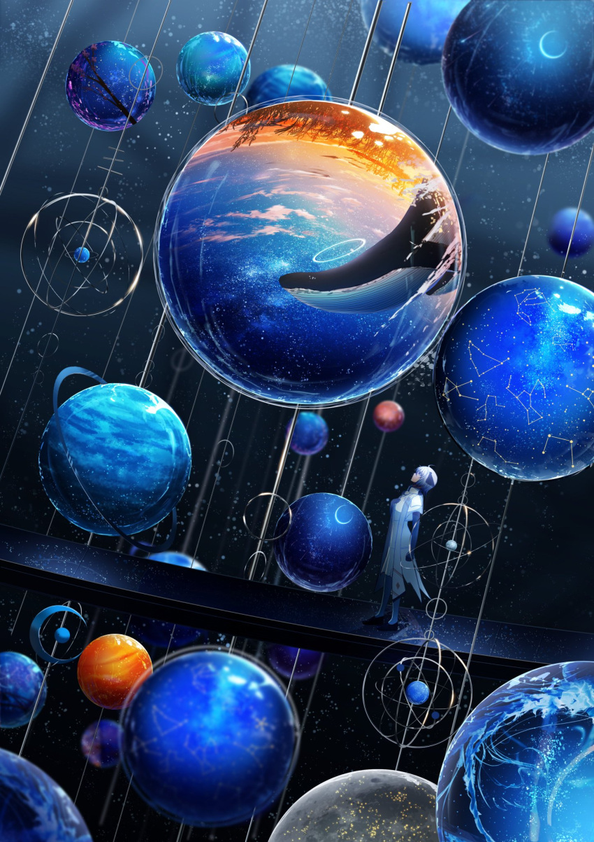 1girl, abisswalker8, big_dipper, clouds, constellation, crescent, floating, floating_object