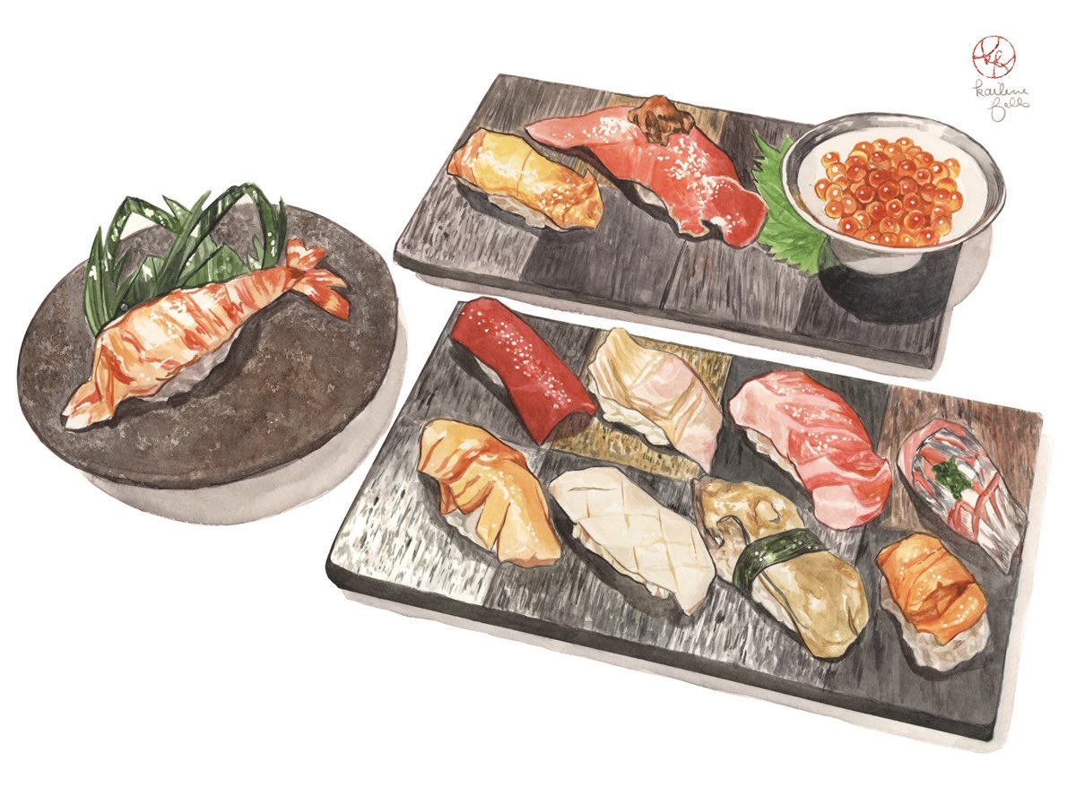 artist_name, bowl, food, food_focus, ikura_(food), kailene, leaf, mixed-language_commentary