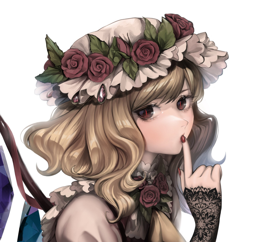 1girl, bangs, blonde_hair, bloom, crystal, embellished_costume, eyebrows_hidden_by_hair, finger_to_mouth