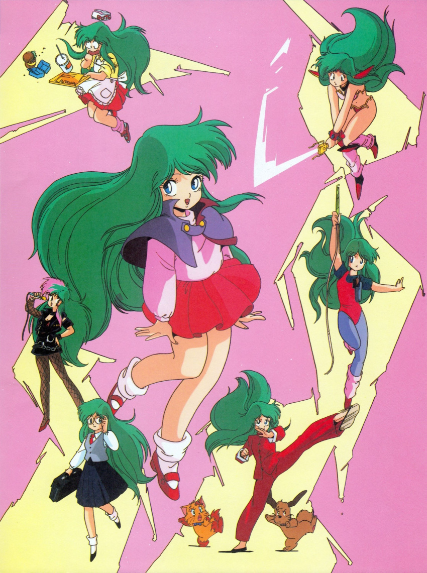 1980s_(style), 1girl, absurdres, accident, adjusting_eyewear, alpha_(dream_hunter_rem), apron, arm_up