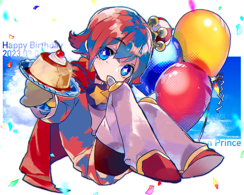 1boy, balloon, bangs, blue_eyes, blue_sky, blush, cape, crown, food, happy_birthday, highres, holding, holding_food, looking_at_viewer, merumerumerume, mini_crown, ocean_prince, pink_hair, pudding, puyopuyo, red_cape, sky, solo, star_(symbol)