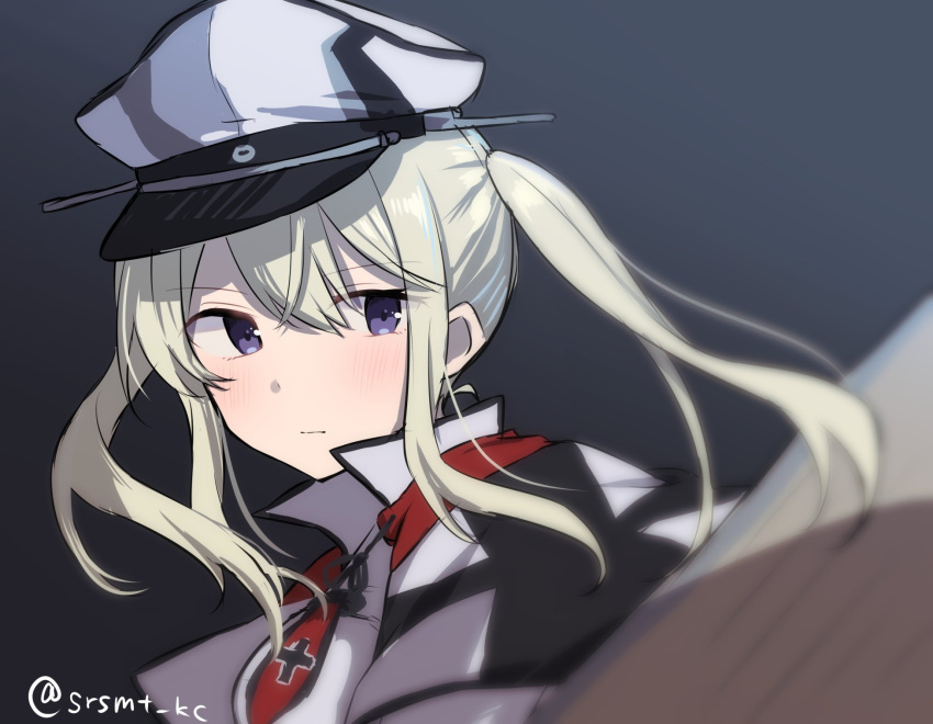 1girl, bangs, blonde_hair, blush, capelet, closed_mouth, graf_zeppelin_(kancolle), hair_between_eyes