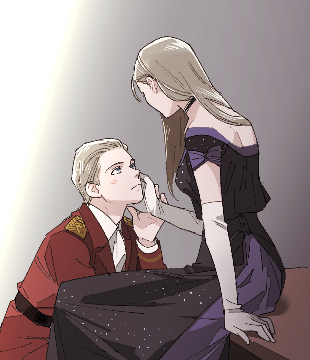 1boy, 1girl, alexia_ashford, alfred_ashford, bags_under_eyes, blonde_hair, blue_eyes, formal
