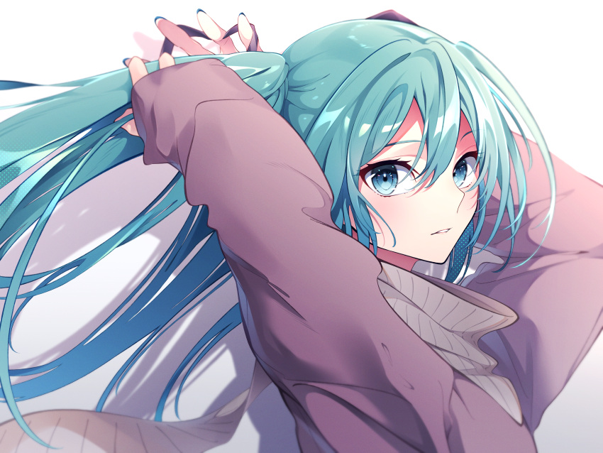 1girl, absurdres, bag, blue_eyes, blue_nails, coat, floating_hair, grey_sweater, hair_between_eyes, hatsune_miku, highres, long_hair, long_sleeves, looking_at_viewer, nail_polish, parted_lips, purple_coat, revision, ribbed_sweater, solo, sugisoar, sweater, twintails, tying_hair, very_long_hair, vocaloid, white_background
