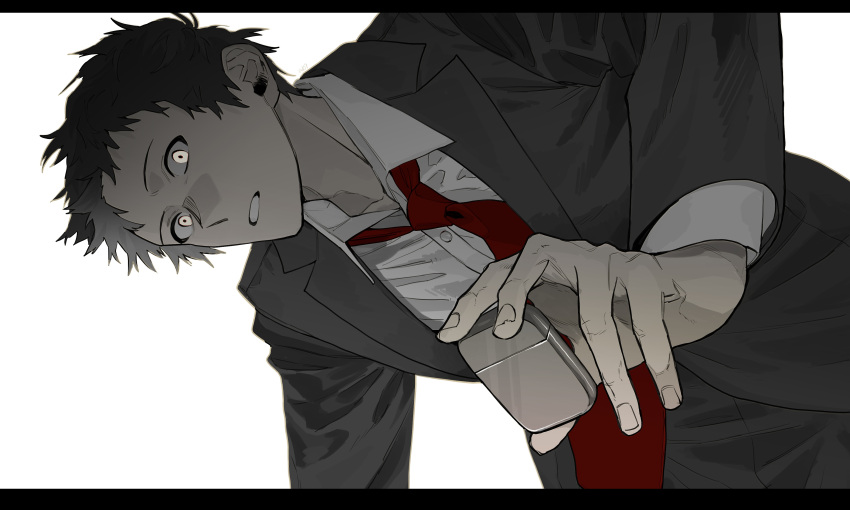 1boy, absurdres, adachi_tooru, black_border, black_hair, black_jacket, black_pants, blazer