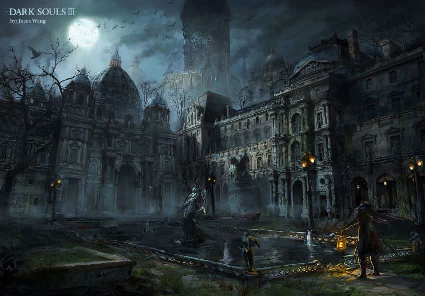 1boy, architecture, artist_name, bloodborne, boots, building, city, clouds, fog, full_body, full_moon, gothic, gothic_architecture, hat, highres, holding, holding_lantern, hunter_(bloodborne), jocus_wang, lantern, moon, night, ornament, outdoors, pond, scenery, sky, solo, standing, statue, water, weapon, yharnam