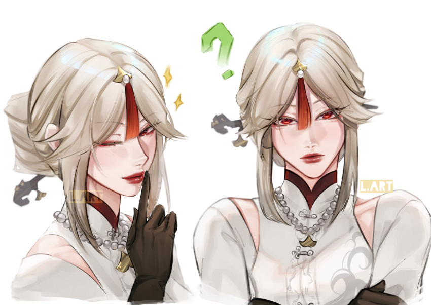 1girl, ?, absurdres, bangs, bead_necklace, beads, black_gloves, chinese_clothes