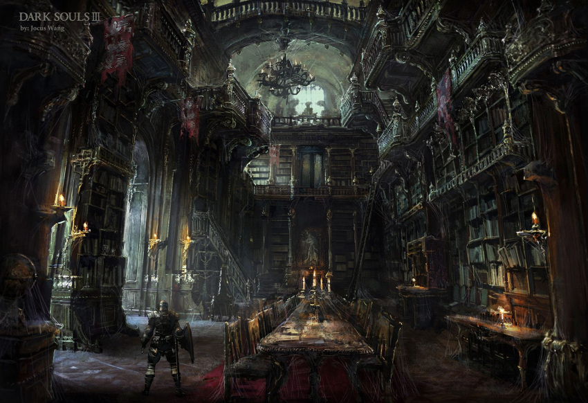 1boy, armor, ashen_one_(dark_souls_3), banner, book, bookshelf, bridge, candle