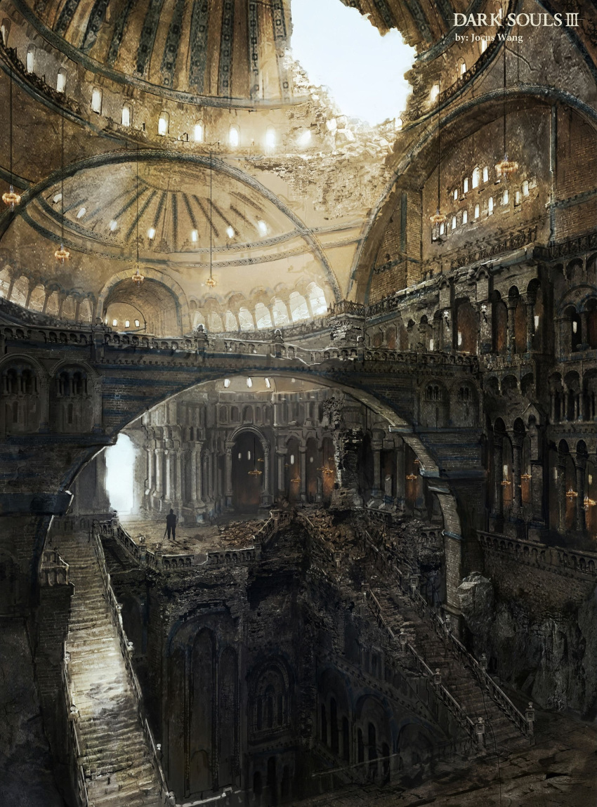 1other, absurdres, bridge, broken, building, candle, chandelier, concept_art