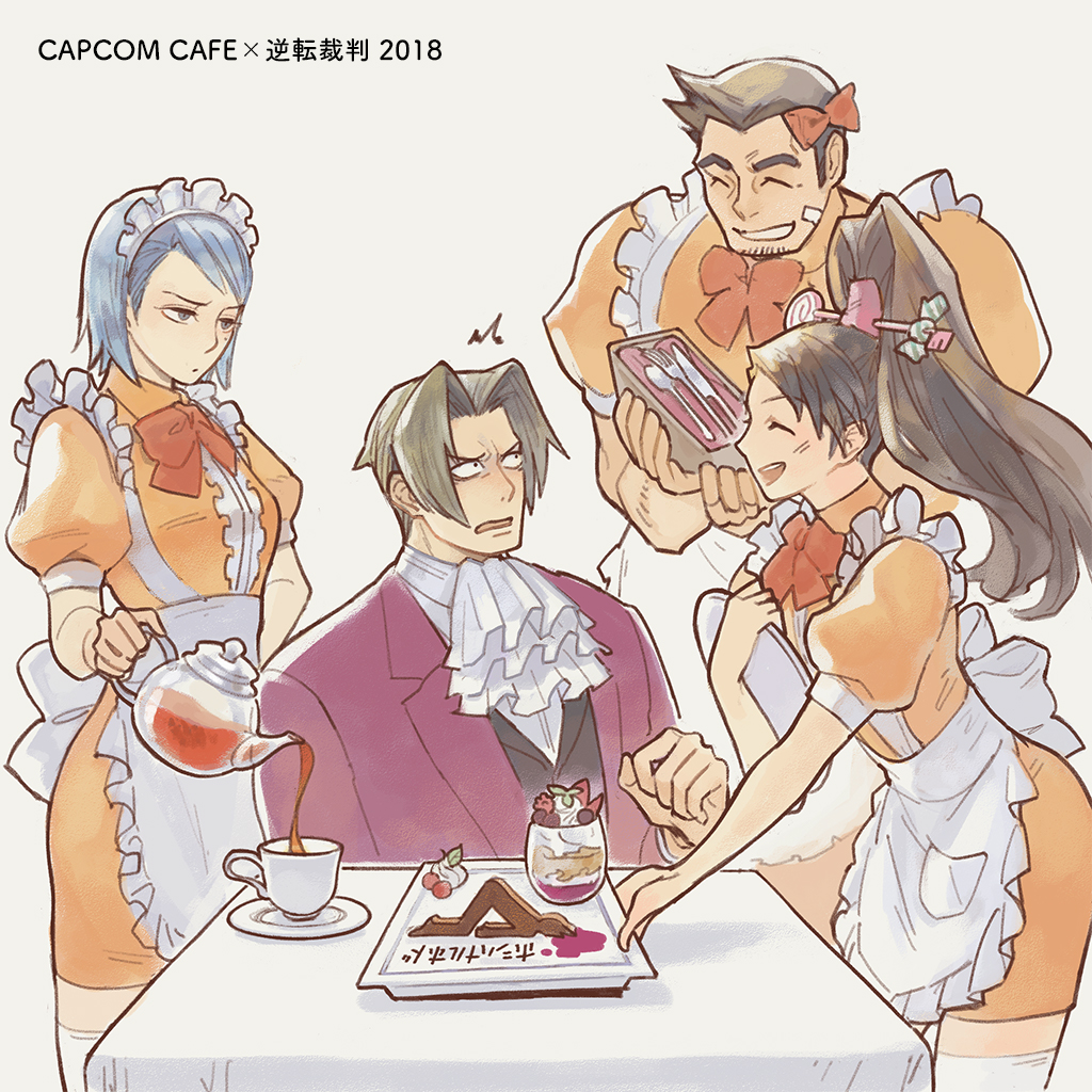 2boys, 2girls, ace_attorney, ace_attorney_investigations, alternate_costume, apron, ascot, bangs