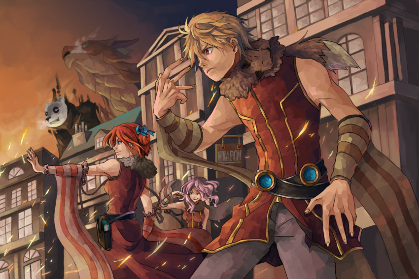 1boy, 2girls, animal_around_neck, bangs, blonde_hair, blue_eyes, book, breasts, building, city, closed_mouth, cowboy_shot, detached_sleeves, double_bun, dragon, dress, embers, fox, frown, grey_pants, hair_bun, hydrolancer, long_hair, looking_afar, medium_breasts, multiple_girls, odium_of_thanatos, orange_hair, outdoors, panda_mask, pants, photoshop_(medium), pink_hair, professor_(ragnarok_online), ragnarok_online, red_dress, red_eyes, red_shirt, red_sleeves, serious, shirt, short_hair, sleeveless, sleeveless_dress, sleeveless_shirt, striped_sleeves, yellow_sleeves, z.i