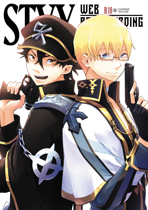 2boys, arch_bishop_(ragnarok_online), back-to-back, bangs, black-framed_eyewear, black_coat, black_gloves, black_hair