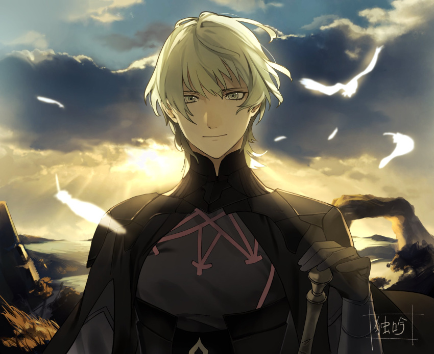 1boy, armor, bangs, black_armor, black_gloves, byleth_(fire_emblem), byleth_(male)_(fire_emblem), closed_mouth