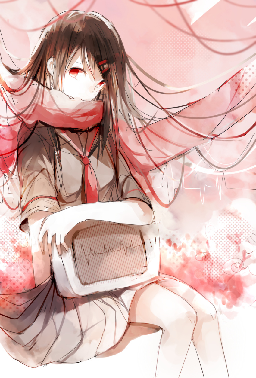 1girl, bangs, brown_hair, cardiogram, covered_mouth, hair_ornament, hairclip, highres