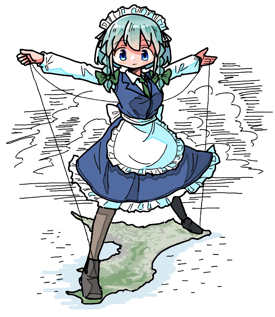 1girl, apron, black_footwear, blue_dress, blue_eyes, boots, bow, braid, cecil_rhodes, chiba_prefecture, clouds, derivative_work, dress, expressionless, green_bow, grey_hair, hair_bow, izayoi_sakuya, kasuya_baian, maid_headdress, medium_hair, pantyhose, puffy_short_sleeves, puffy_sleeves, red_footwear, short_sleeves, solo, thigh-highs, thread, touhou, twin_braids, waist_apron, waist_bow, white_apron, white_bow