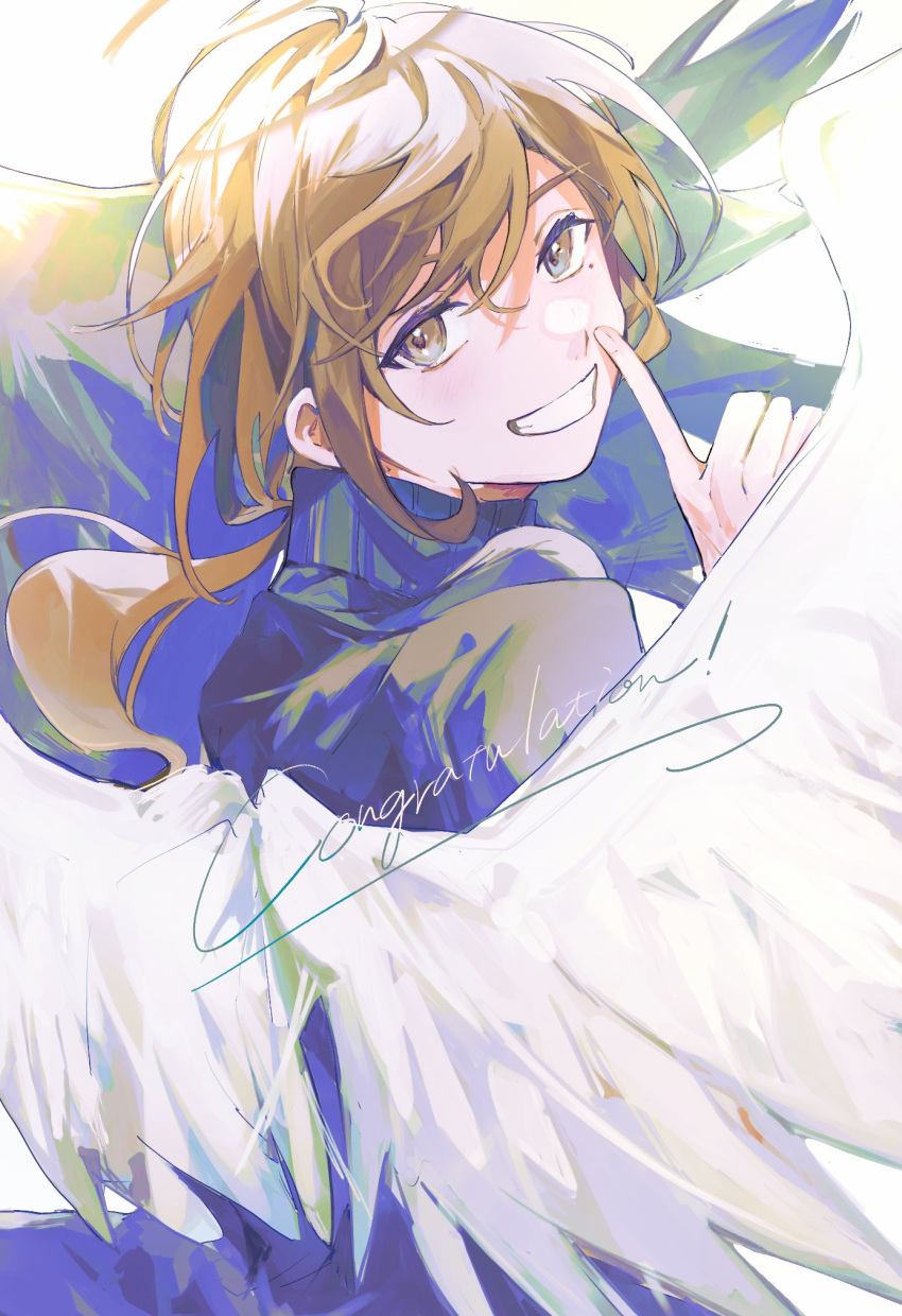 1boy, 8dai, angel, angel_wings, brown_eyes, brown_hair, congratulations, feathered_wings, finger_to_mouth, grey_eyes, highres, kanae_(nijisanji), long_hair, looking_at_viewer, looking_back, male_focus, mole, mole_under_eye, multicolored_eyes, nijisanji, ponytail, shushing, smile, solo, teeth, virtual_youtuber, wings