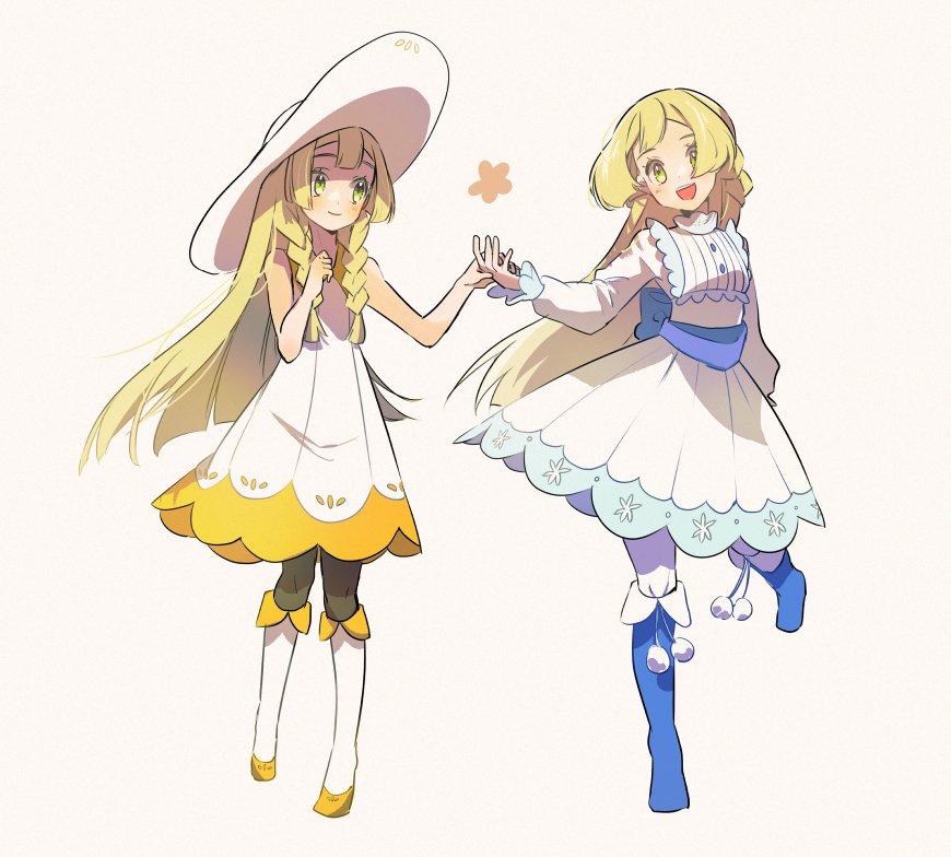 2girls, bangs, blonde_hair, blue_footwear, blush, boots, braid, buttons, closed_mouth, commentary_request, dress, eyelashes, green_eyes, hat, holding_hands, lillie_(pokemon), long_hair, long_sleeves, marutoko45, multiple_girls, pantyhose, pantyhose_under_socks, pokemon, pokemon_(anime), pokemon_journeys, shoes, sleeveless, sleeveless_dress, smile, socks, twin_braids, white_background, white_dress, white_headwear, white_socks, yellow_footwear