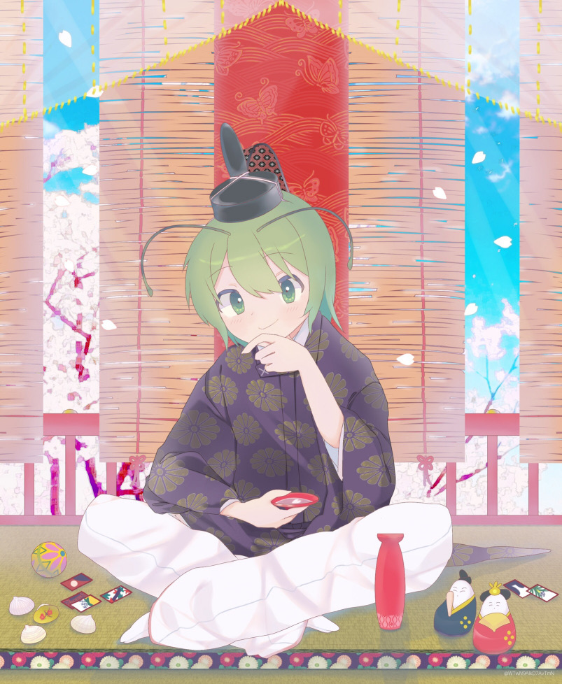 1girl, alcohol, alternate_costume, androgynous, antennae, bangs, black_headwear, blush