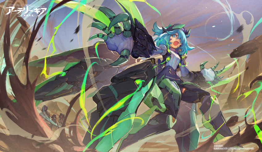 1girl, armored_gloves, artery_gear, artery_gear:_fusion, arthropod_limbs, blonde_hair, blue_eyes, character_request