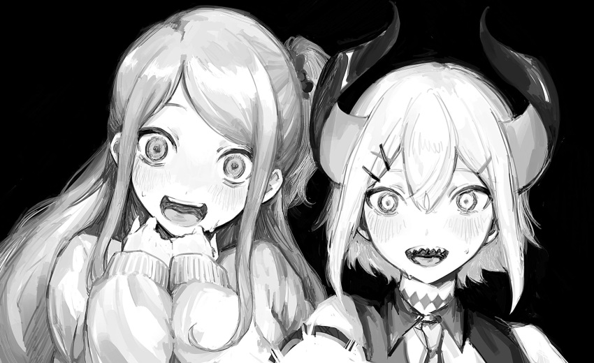 2girls, akabane_youko, bangs, black_background, black_vest, blush, demon_horns, greyscale, hair_between_eyes, hair_ornament, hairclip, highres, horns, levi_elipha, long_hair, long_sleeves, looking_at_viewer, minuma_(nrp_ga), monochrome, multiple_girls, neck_tattoo, necktie, nijisanji, sharp_teeth, short_hair, side_ponytail, sidelocks, surprised, sweat, sweater, tattoo, teeth, upper_teeth_only, vest, virtual_youtuber, wide-eyed