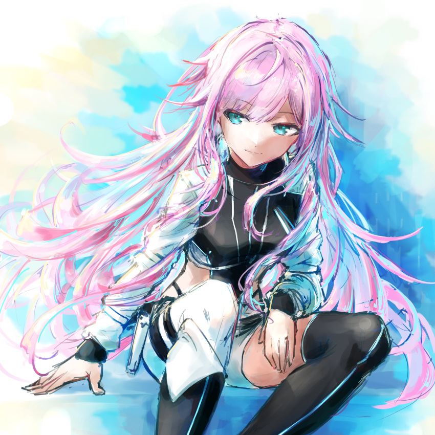1girl, absurdres, aqua_eyes, armillarphere_v, asymmetrical_legwear, asymmetrical_pants, bangs, black_thighhighs