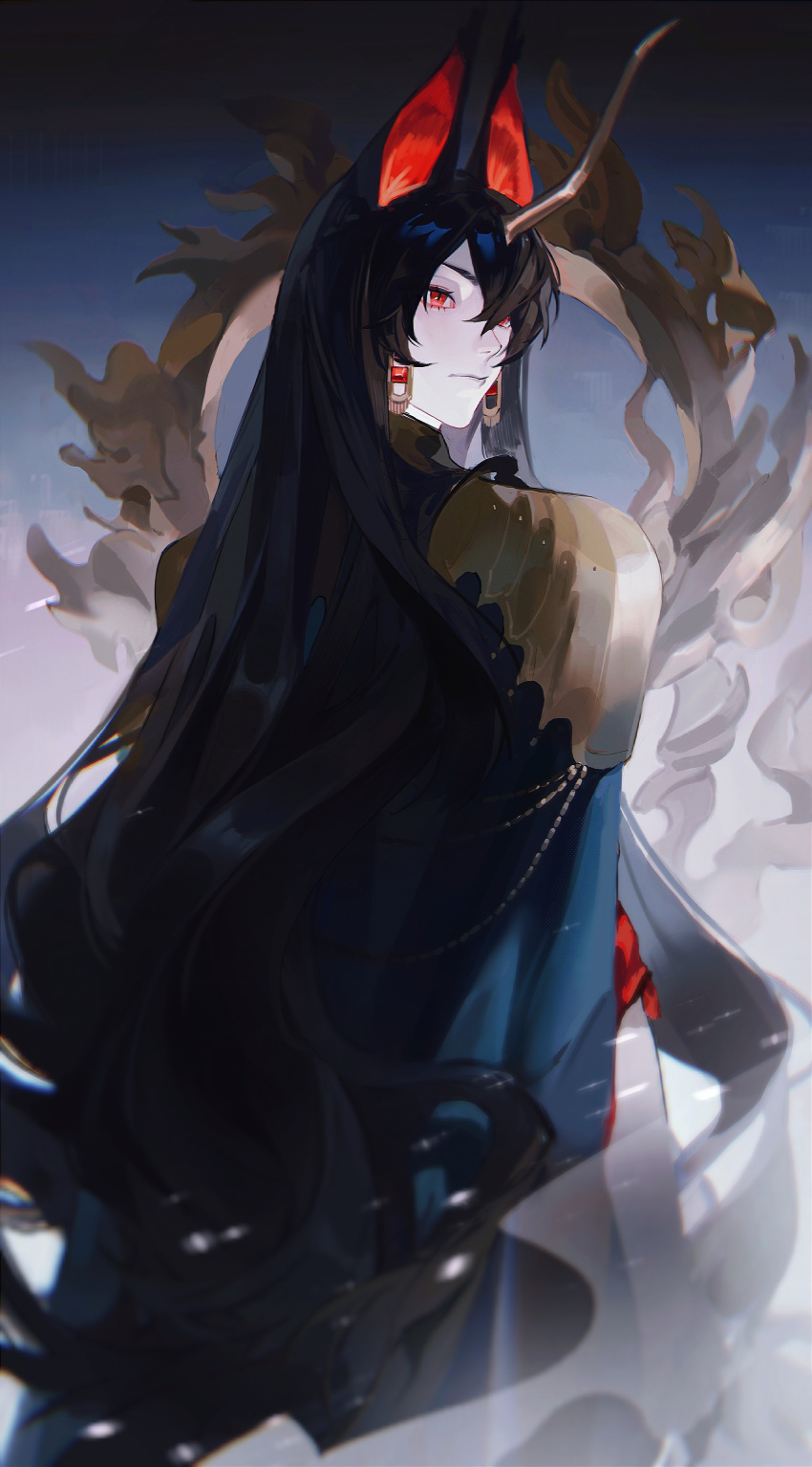 1other, absurdres, androgynous, animal_ears, arknights, black_hair, blue_cape, cape, chinese_commentary, closed_mouth, commentary_request, cowboy_shot, earrings, from_behind, hair_between_eyes, highres, horns, jewelry, llmia4, long_hair, looking_at_viewer, looking_back, red_eyes, single_horn, very_long_hair, ya_(arknights)