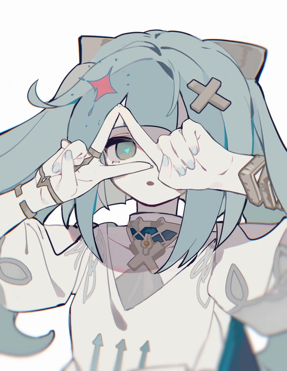 1girl, :o, aqua_hair, aqua_nails, bracelet, commentary, dress, faruzan_(genshin_impact)