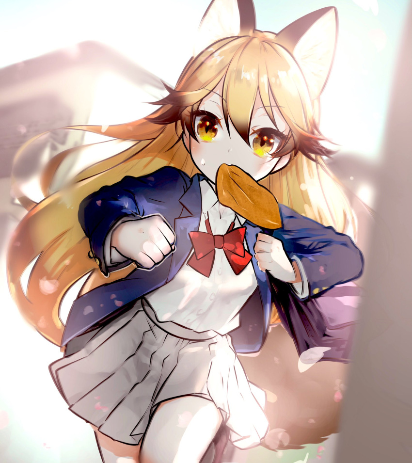 1girl, alternate_costume, animal_ears, blue_jacket, bow, bowtie, brown_hair, collared_shirt