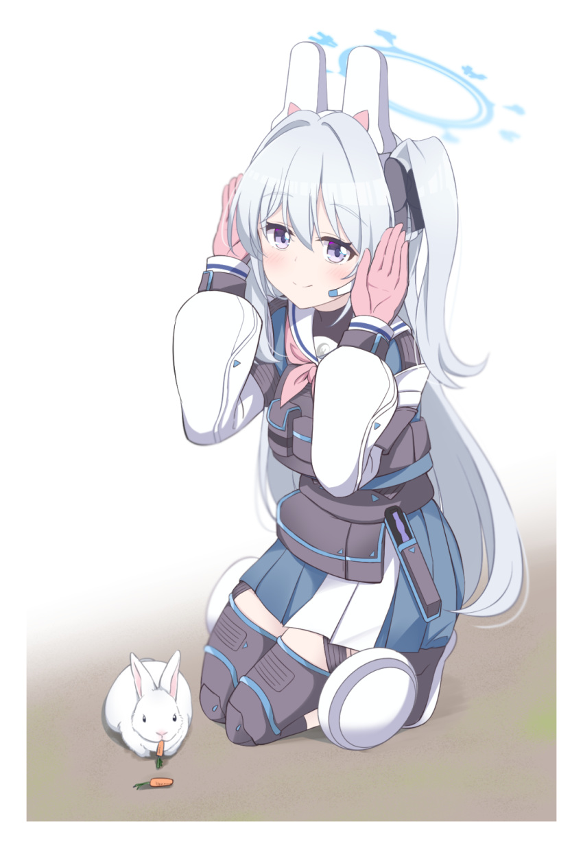 1girl, animal_ear_headphones, animal_ears, bangs, blue_archive, bow, bulletproof_vest, carrot