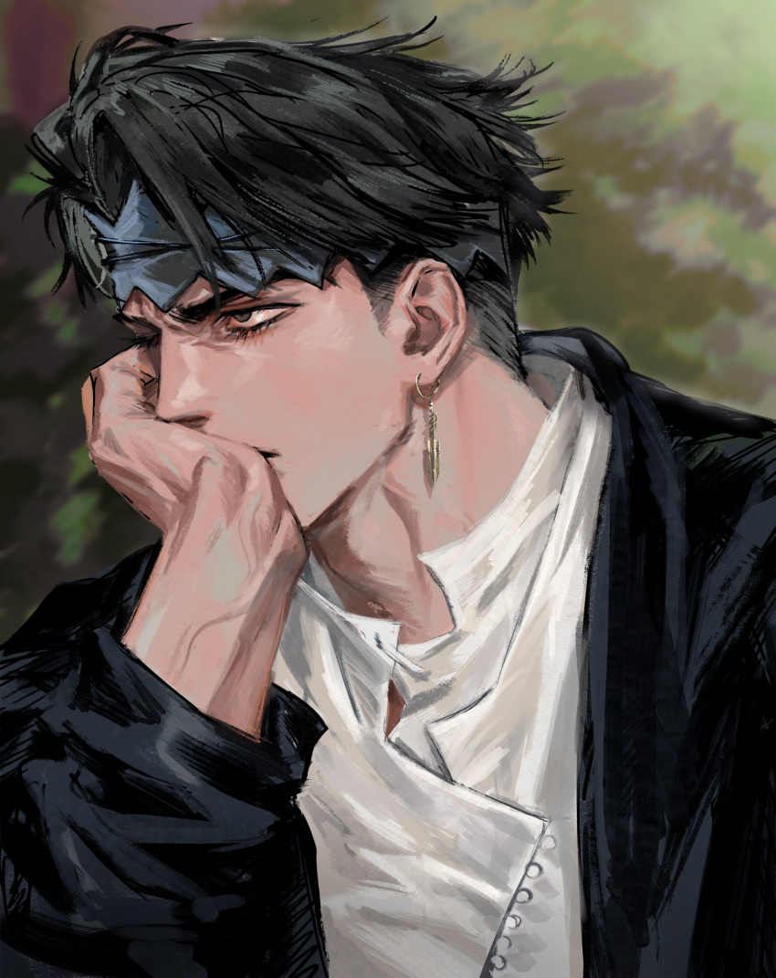 1boy, black_hair, diamond_wa_kudakenai, earrings, eyelashes, green_eyes, hand_on_own_cheek, hand_on_own_face