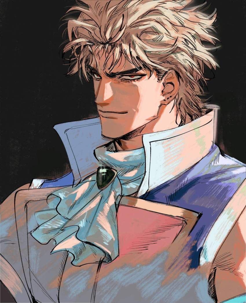 1boy, ascot, black_background, blonde_hair, closed_mouth, detached_sleeves, dio_brando, gem