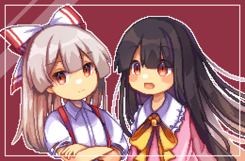 2girls, :d, black_hair, blush, bow, crossed_arms, fujiwara_no_mokou, hair_bow