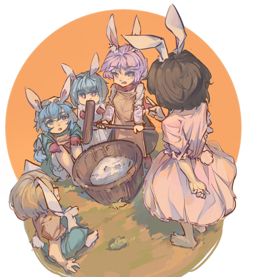 5girls, aged_down, alternate_costume, animal_ears, apron, bangs, barefoot, black_hair