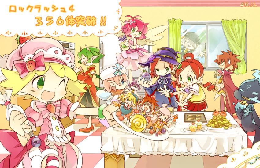 4boys, 6+girls, amitie_(puyopuyo), andou_ringo, apple, blonde_hair, blue_eyes, character_request