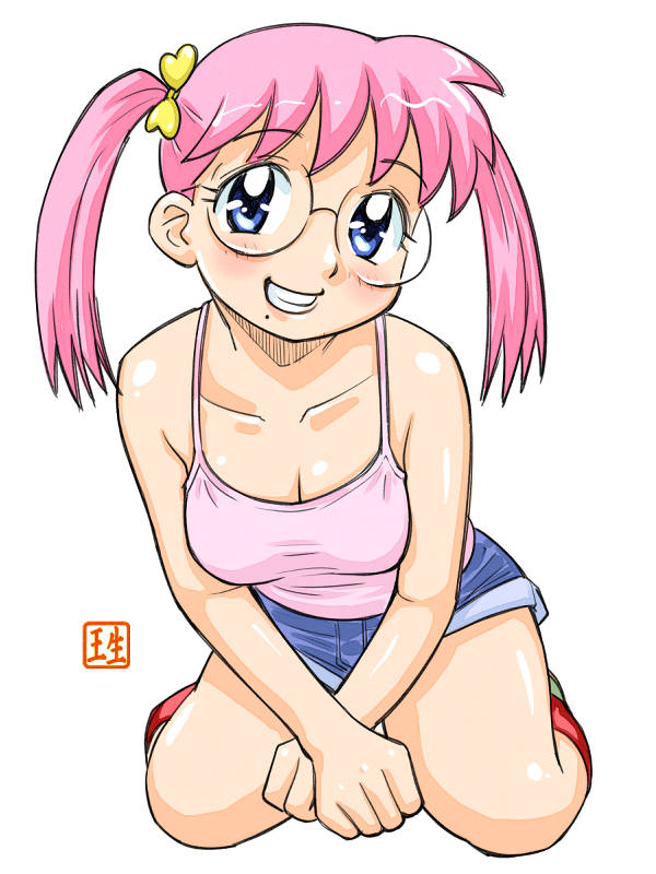 blue_eyes, blush, cleavage, glasses, pink_hair, smile, twintails, ugly