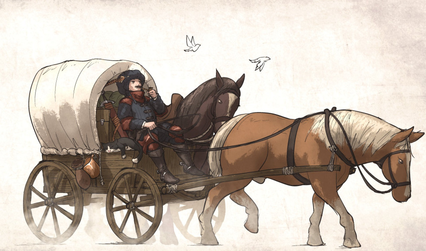 1boy, bird, boots, canteen, cat, covered_wagon, feathers, hat