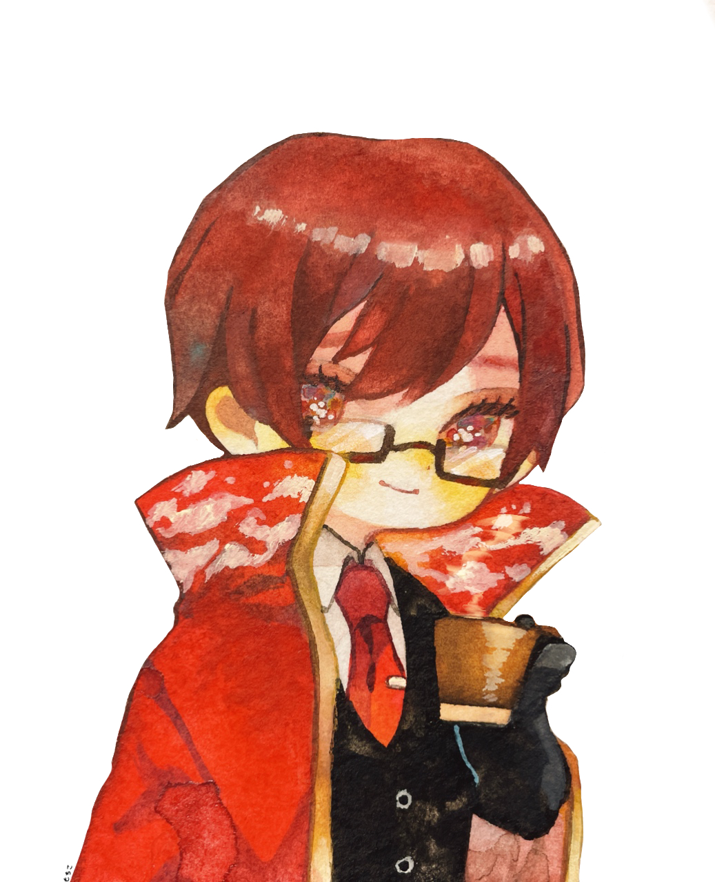 1boy, black_gloves, black_jacket, cape, closed_mouth, collared_shirt, commentary_request, cup