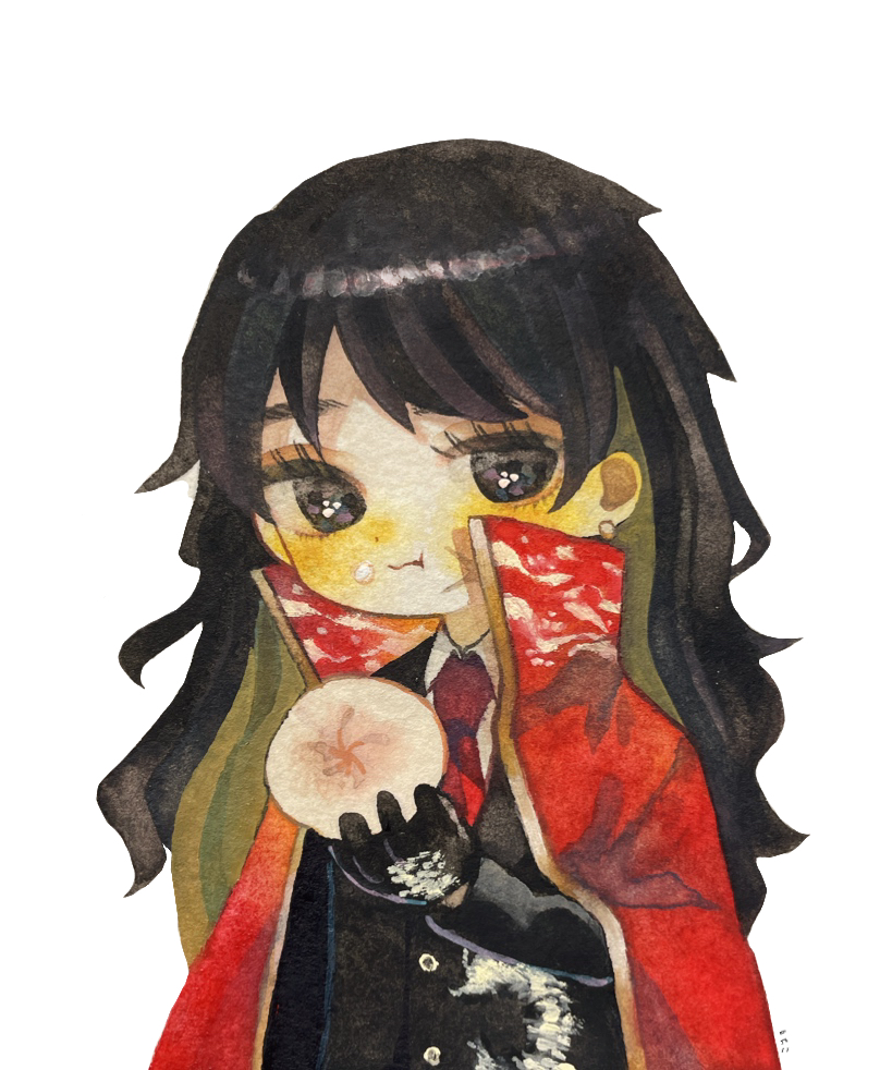 1boy, baozi, black_eyes, black_gloves, black_hair, black_jacket, cape, chewing, chun_(library_of_ruina), closed_mouth, collared_shirt, commentary_request, crumbs, earclip, food, gloves, holding, holding_food, jacket, library_of_ruina, long_hair, long_sleeves, male_focus, mochigome_138, necktie, painting_(medium), project_moon, red_cape, red_necktie, scar, scar_on_cheek, scar_on_face, shirt, simple_background, solo, traditional_media, upper_body, watercolor_(medium), white_background, white_hair