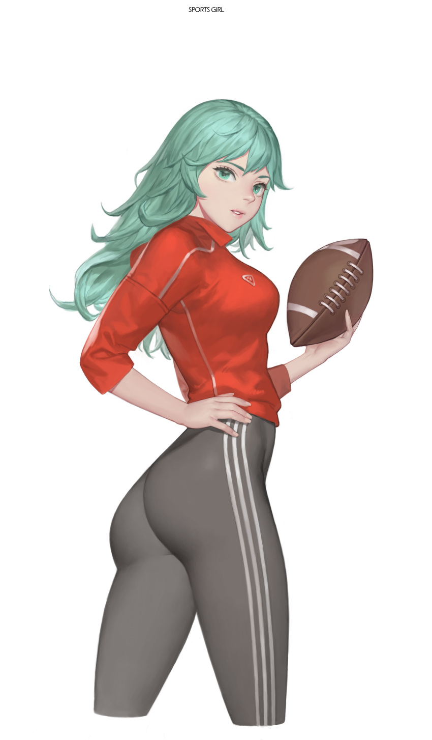 1girl, absurdres, american_football_(object), ass, ball, breasts, green_eyes, green_hair, grey_pants, hand_on_hip, highres, holding, holding_ball, ki_min-woo, leggings, medium_breasts, original, pants, parted_lips, red_shirt, rugby_ball, shirt, simple_background, skin_tight, sportswear, striped, vertical_stripes, yoga_pants