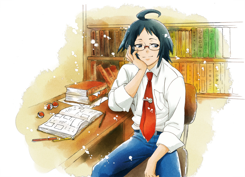 1boy, ahoge, arm_support, belt, black_hair, blue_eyes, bookshelf, breast_pocket