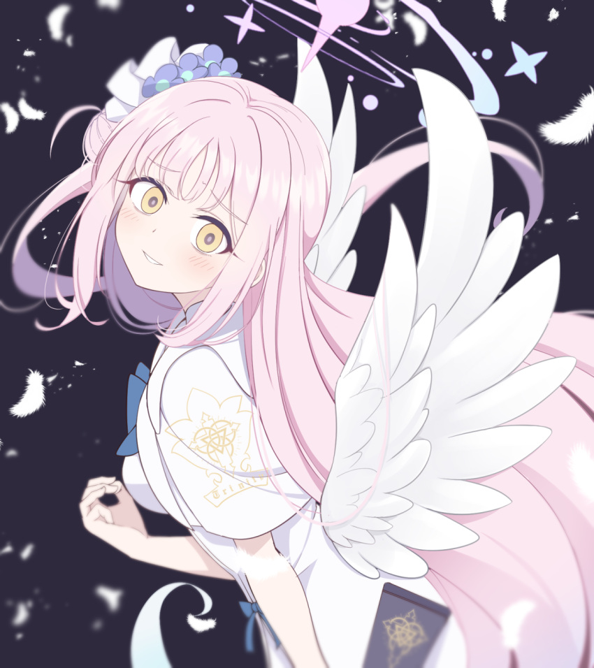 1girl, angel_wings, bangs, blue_archive, blue_bow, blunt_bangs, blush, bow